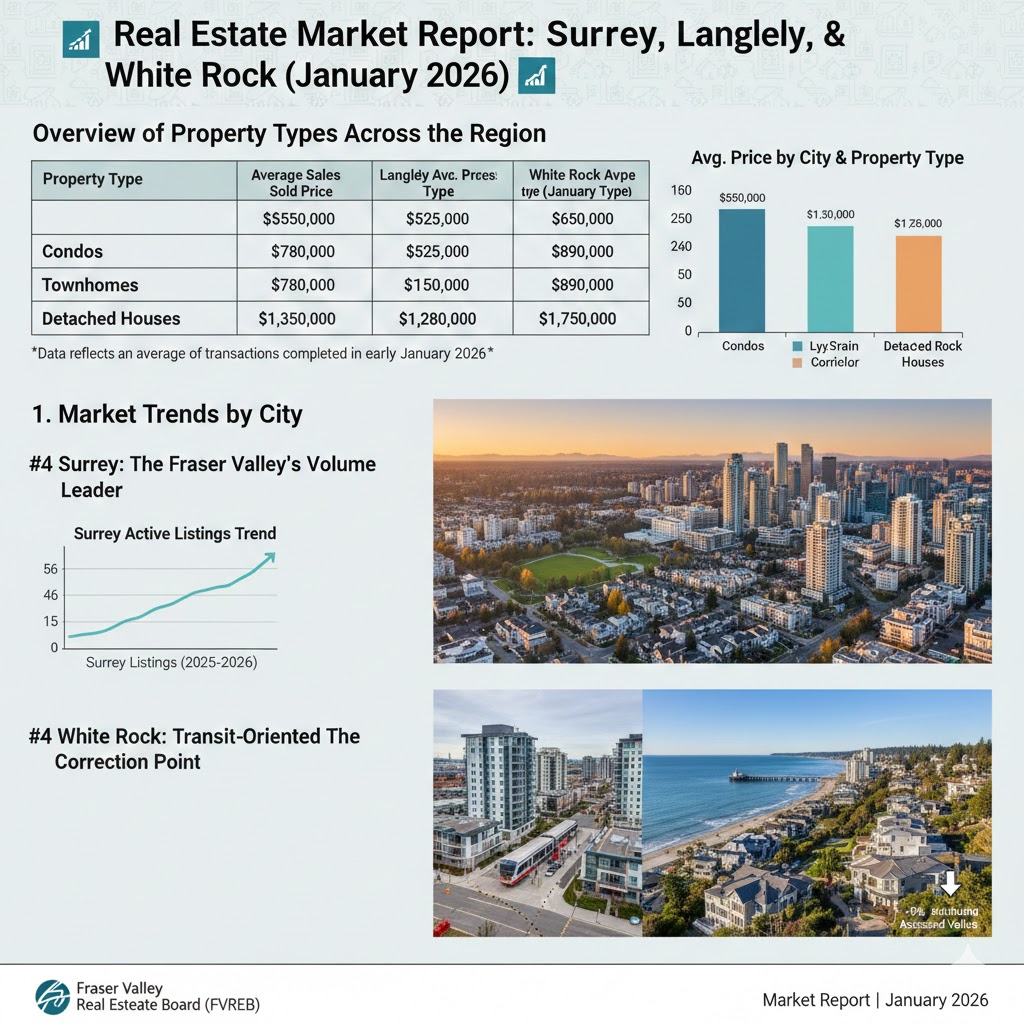 Real estate market report graph for Surrey BC in February 2026 showing a 20% increase in home inventory and balanced market conditions.